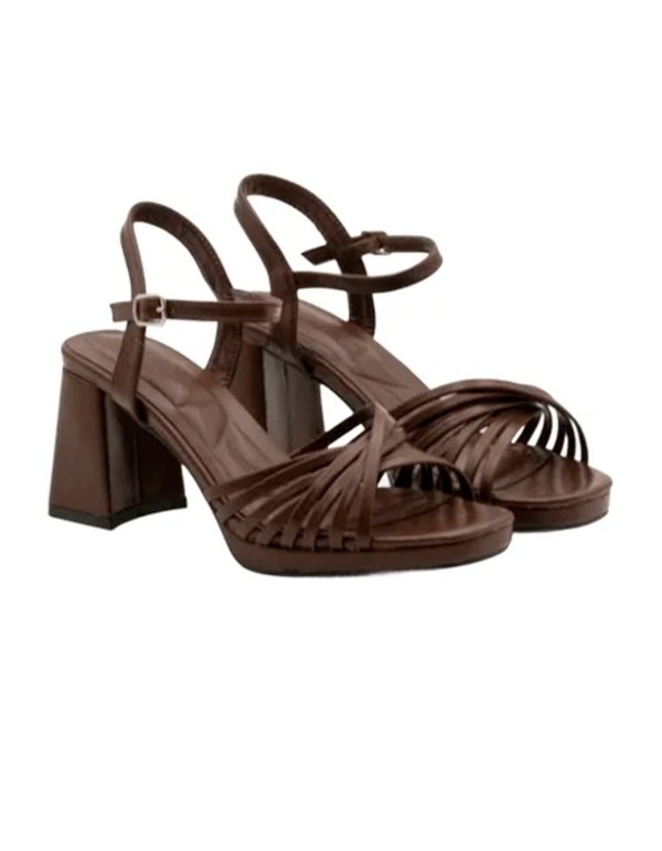 Brown strappy ankle strap sandals with comfortable heels 2