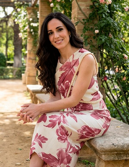 Pink and white printed midi dress with halter neckline for guests