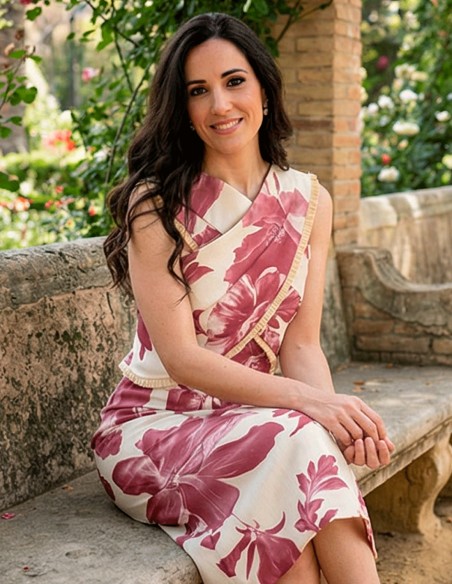 Robe midi imprimée rose et blanche avec encolure licou pour invitée