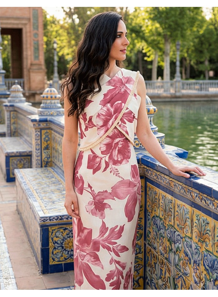 Vestido midi estampado rosa y blanco con escote halter para invitada