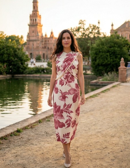 Pink and white printed midi dress with halter neckline for guests