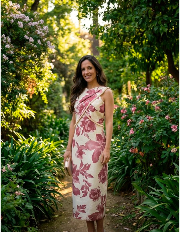 Vestido midi estampado rosa y blanco con escote halter para invitada 2