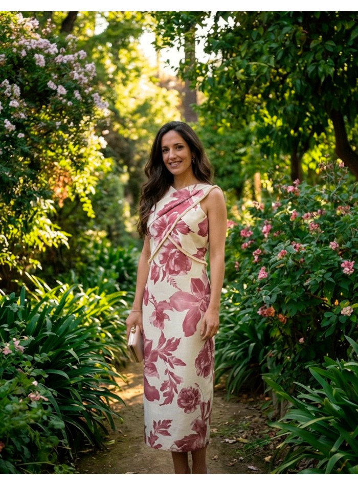 Pink and white printed midi dress with halter...