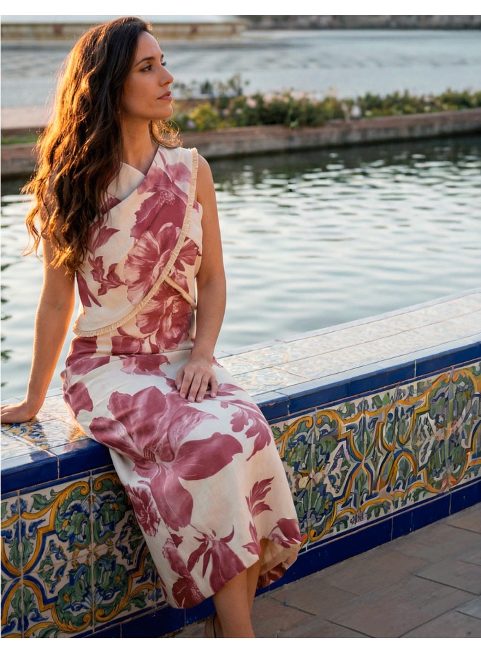 Pink and white printed midi dress with halter...