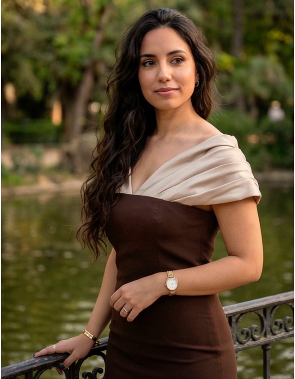 Two-tone beige and brown midi dress with draped Bardot...