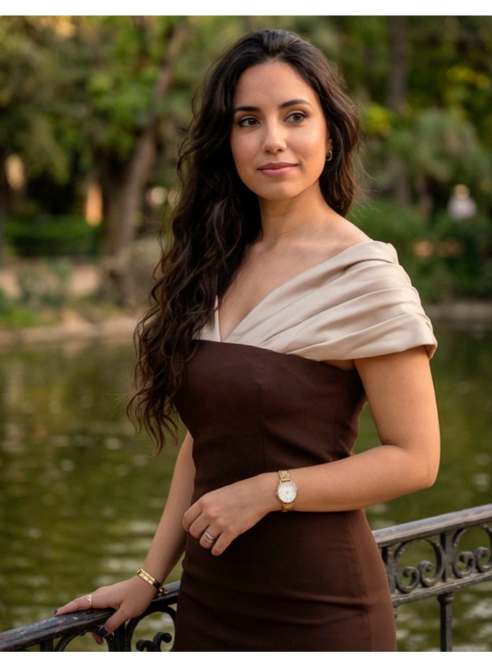 Two-tone beige and brown midi dress with draped...