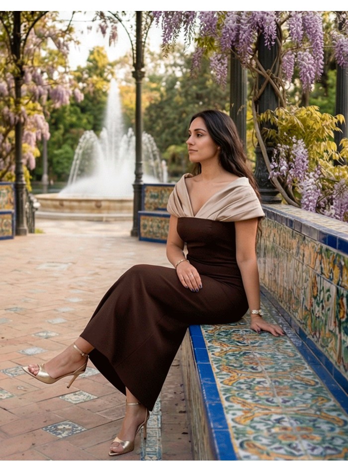 Two-tone beige and brown midi dress with draped...