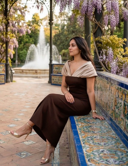 Robe midi bicolore beige et marron avec encolure Bardot drapée