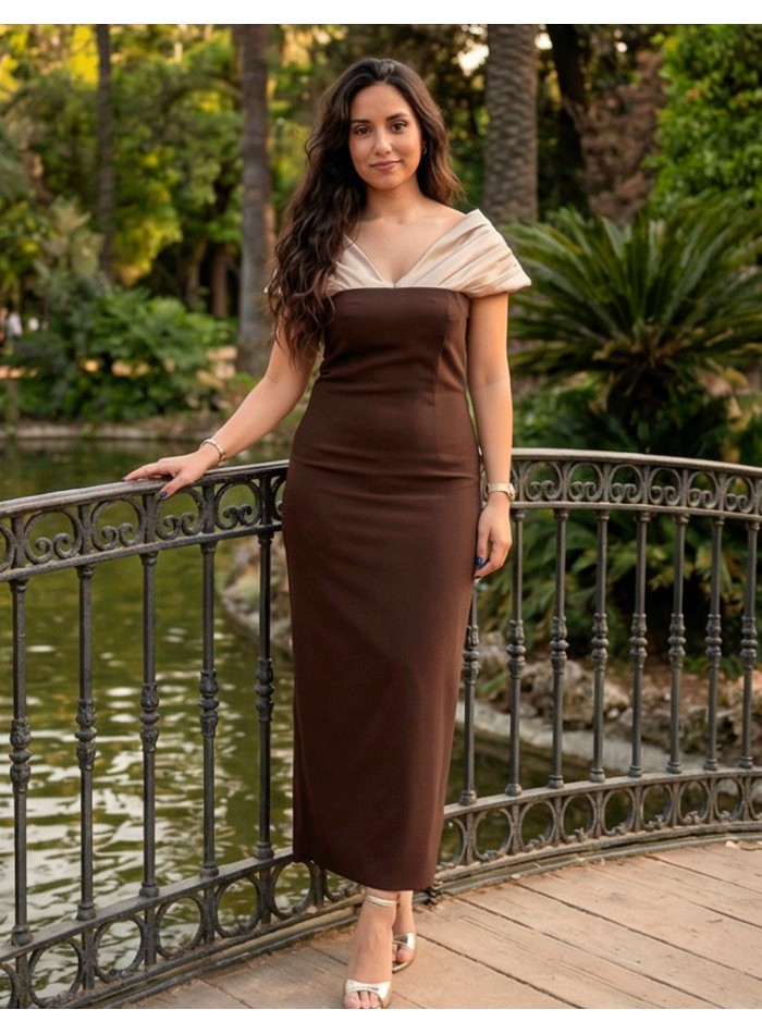 Two-tone beige and brown midi dress with draped...