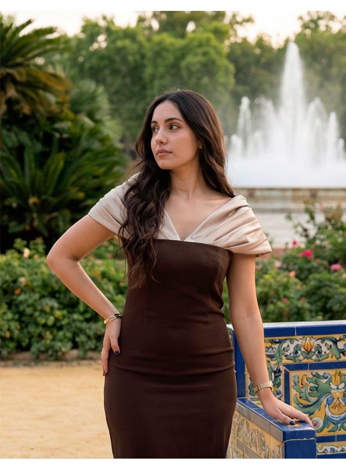 Two-tone beige and brown midi dress with draped...