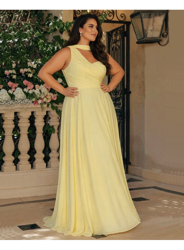 Pastel yellow long gown with asymmetrical...