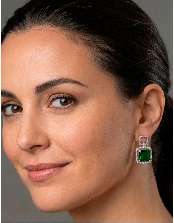Boucles d'oreilles vert émeraude avec cristaux carrés et pierres semi-précieuses