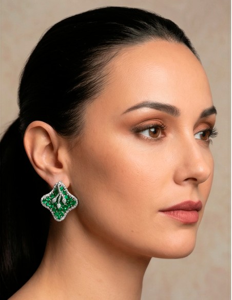 Lotus Flower with Emerald Green Semiprecious Stones Earrings