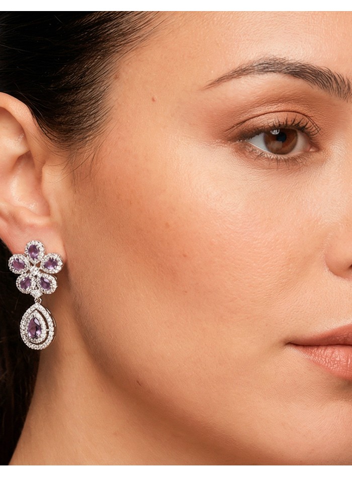 Pendientes Artesanales Flor y Lágrima con Piedras Semipreciosas en Lila