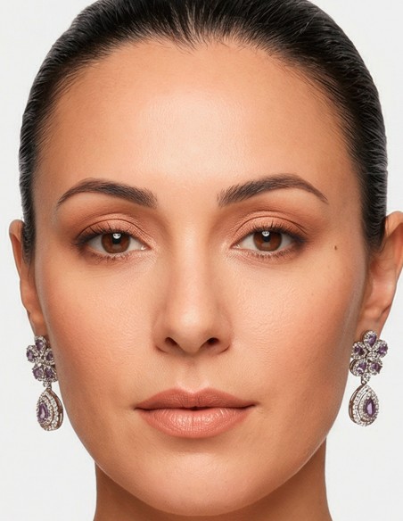 Handmade Flower and Teardrop Earrings with Semiprecious Stones in Lilac