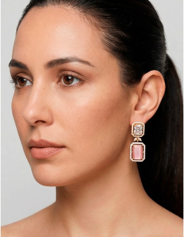 Handcrafted Long Earrings with Natural Crystals and Pink Semiprecious Stones