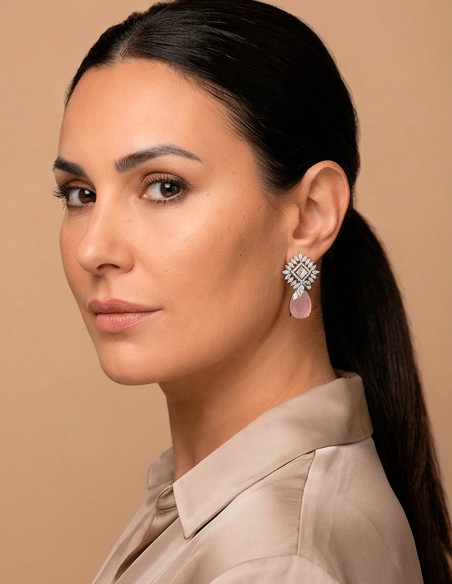 Crystal Earrings with Tear Drop Natural Pink Stone