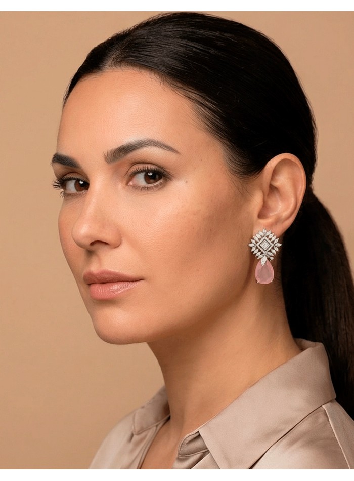 Crystal Earrings with Tear Drop Natural Pink Stone