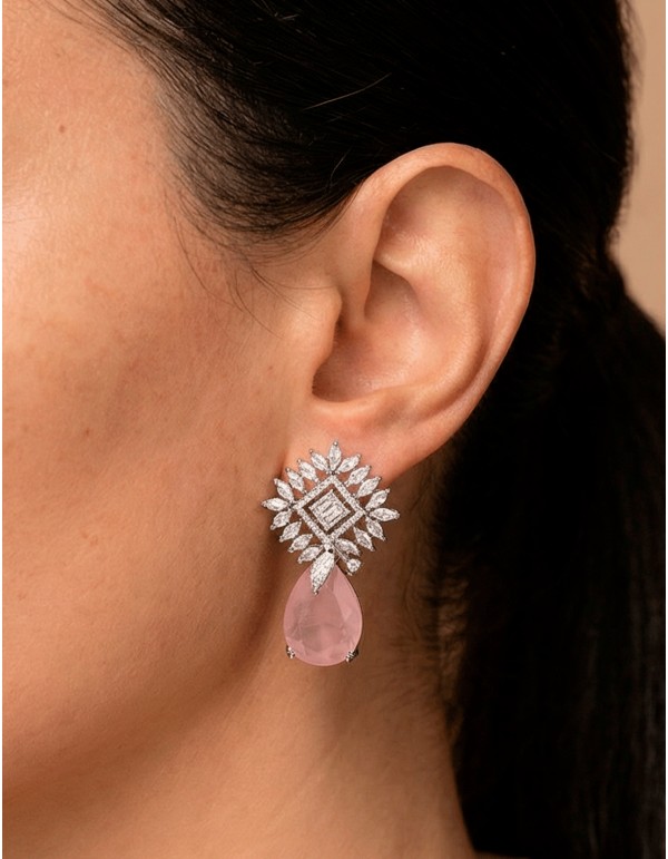 Boucles d'oreilles en pierre naturelle rose avec gouttes de cristal 2