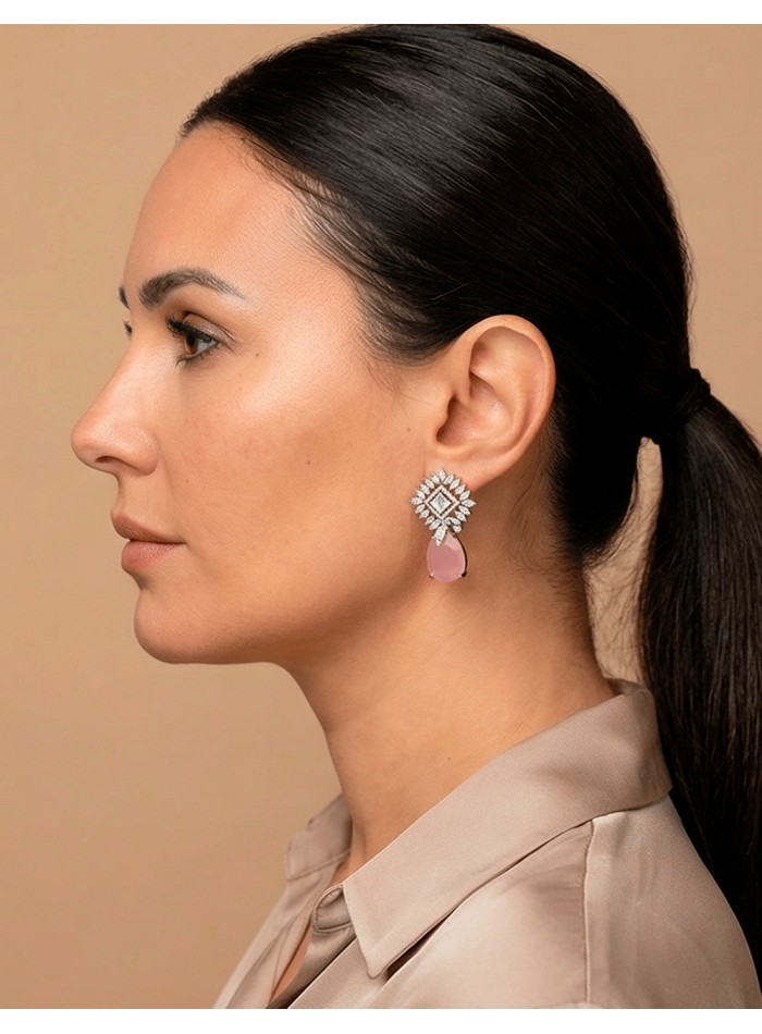 Crystal Earrings with Tear Drop Natural Pink Stone