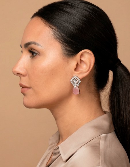 Pendientes de Cristal con Lágrima de Piedra Natural Rosa para invitada boda