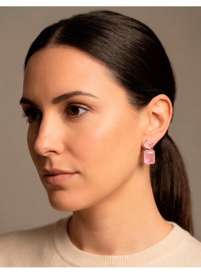 Handmade Earrings Rhodium Plated with Semiprecious Pink Stones