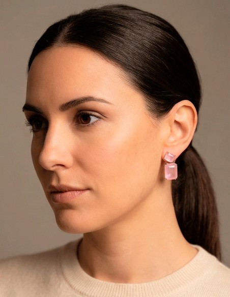 Boucles d'oreilles artisanales plaquées rhodium avec pierres semi-précieuses roses