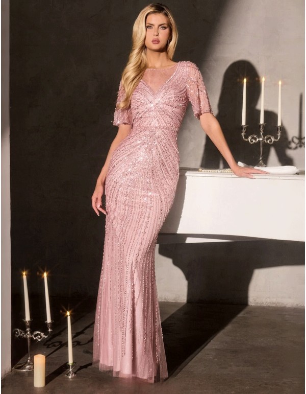 Robe d'invité longue à manches courtes avec strass