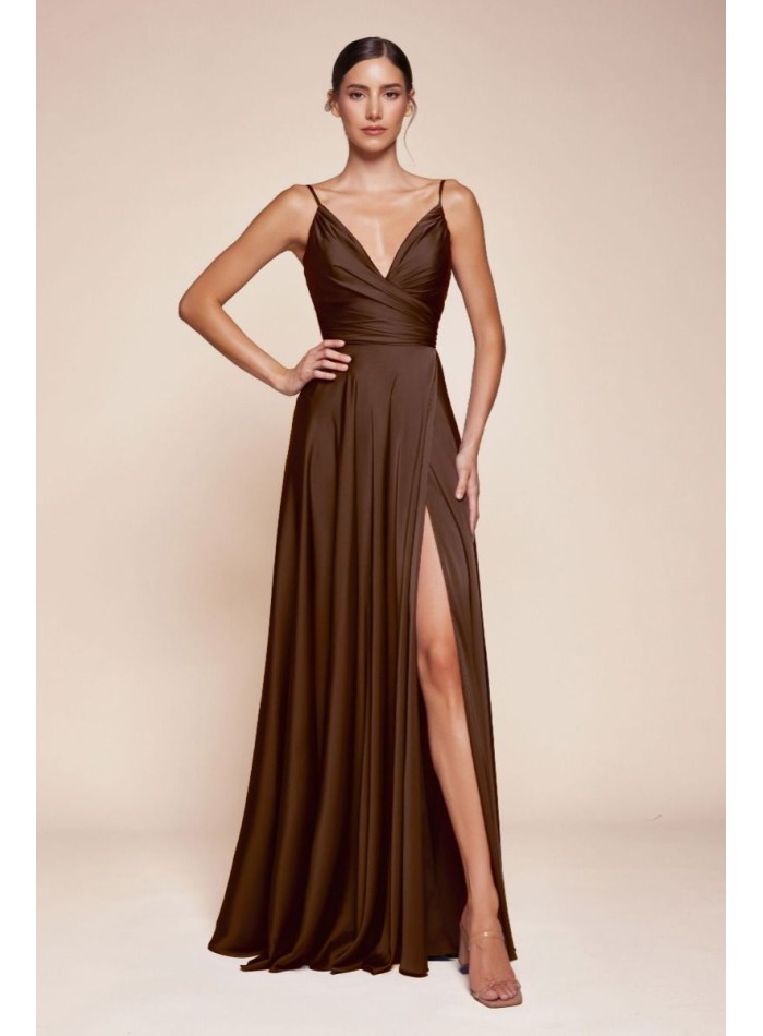 Long Brown Satin Dress with Peak Neckline and...
