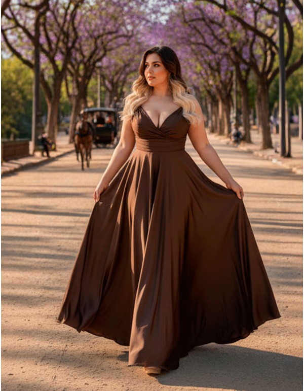 Vestido Curvy Largo Satinado Marrón con Escote en Pico 2