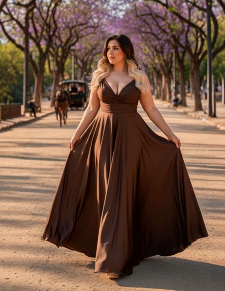 Vestido Curvy Largo Satinado Marrón con Escote en Pico invitada boda