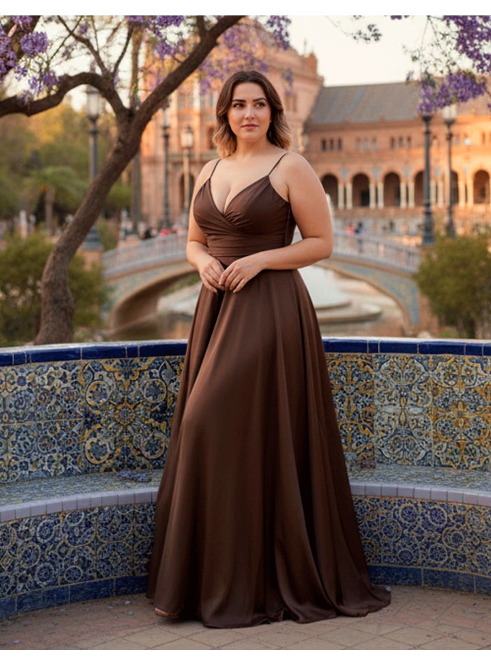 Curvy Long Brown Satin Long Dress with Scooped...