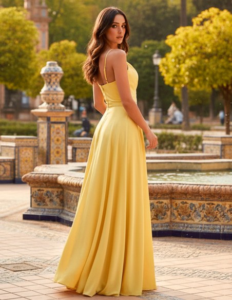 Long Yellow Satin Dress with Heart Neckline and Opening