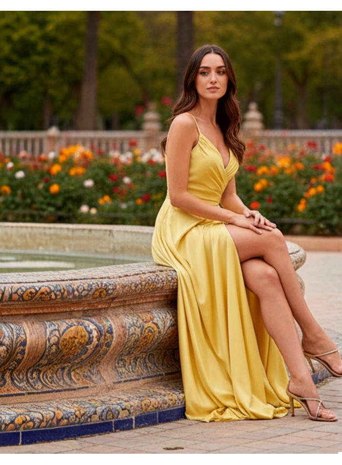 Robe longue en satin jaune avec encolure et...
