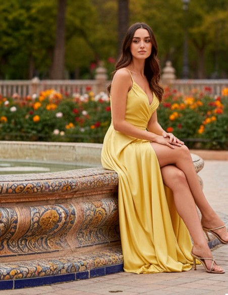 Long Yellow Satin Dress with Heart Neckline and Opening