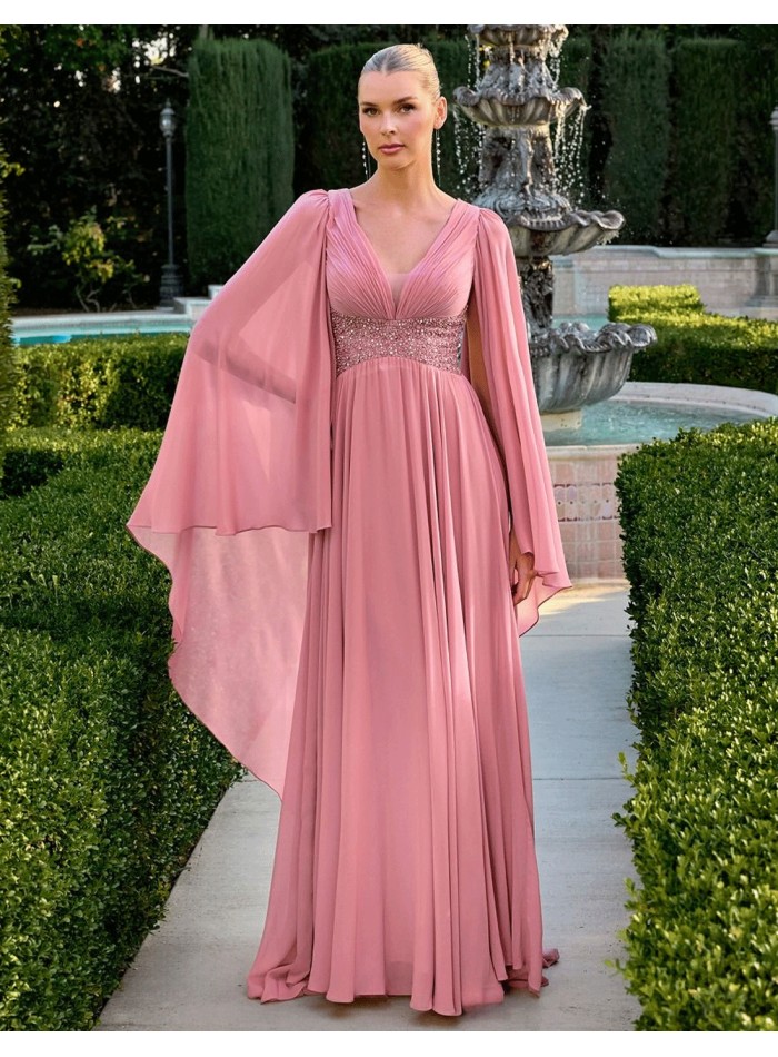 Long flowing chiffon guest dress with cape sleeves