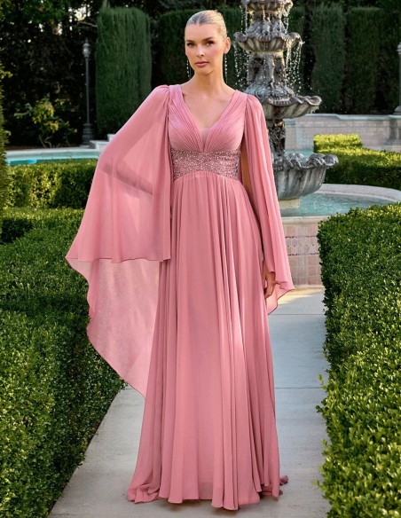 Long flowing chiffon guest dress with cape sleeves