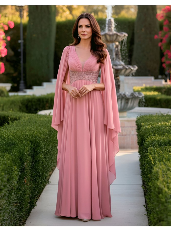 Long flowing chiffon guest dress with cape sleeves