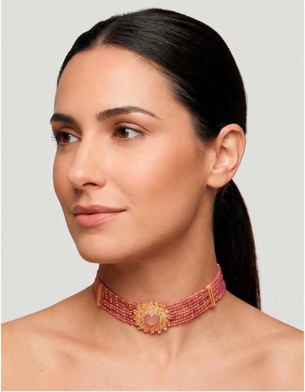 Handmade Pink and Gold Rhinestone Choker with Sun Brooch