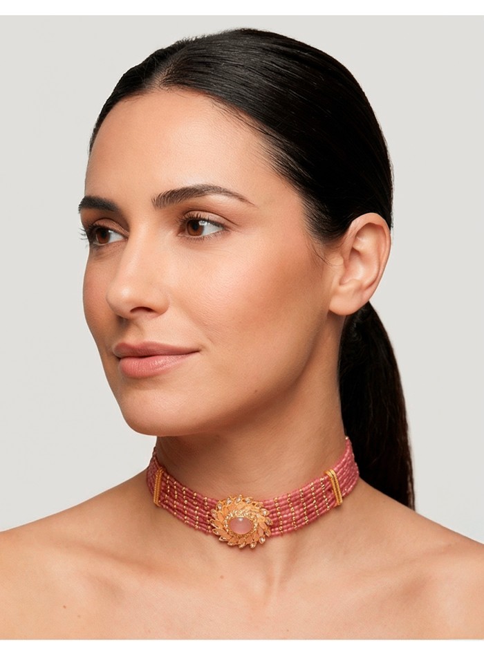 Handmade Pink and Gold Rhinestone Choker with Sun Brooch