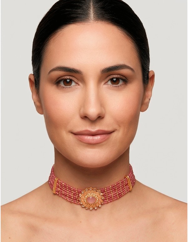 Handmade Pink and Gold Rhinestone Choker with Sun Brooch 2