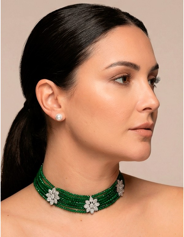 Handmade Green Rhinestone Choker with Crystal and Metal Flowers 2
