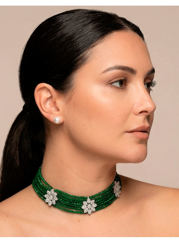 Handmade Green Rhinestone Choker with Crystal and Metal Flowers