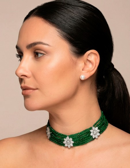Handmade Green Rhinestone Choker with Crystal and Metal Flowers