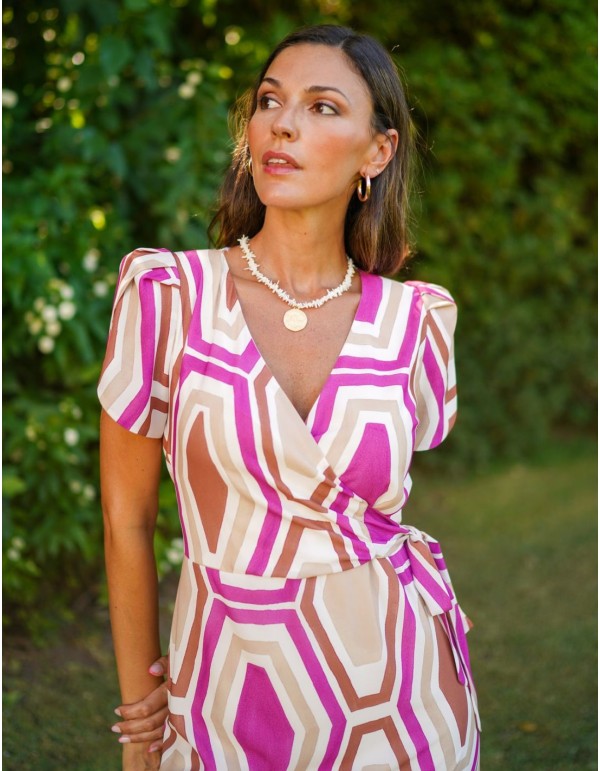 Short sleeved printed fabric midi guest dress