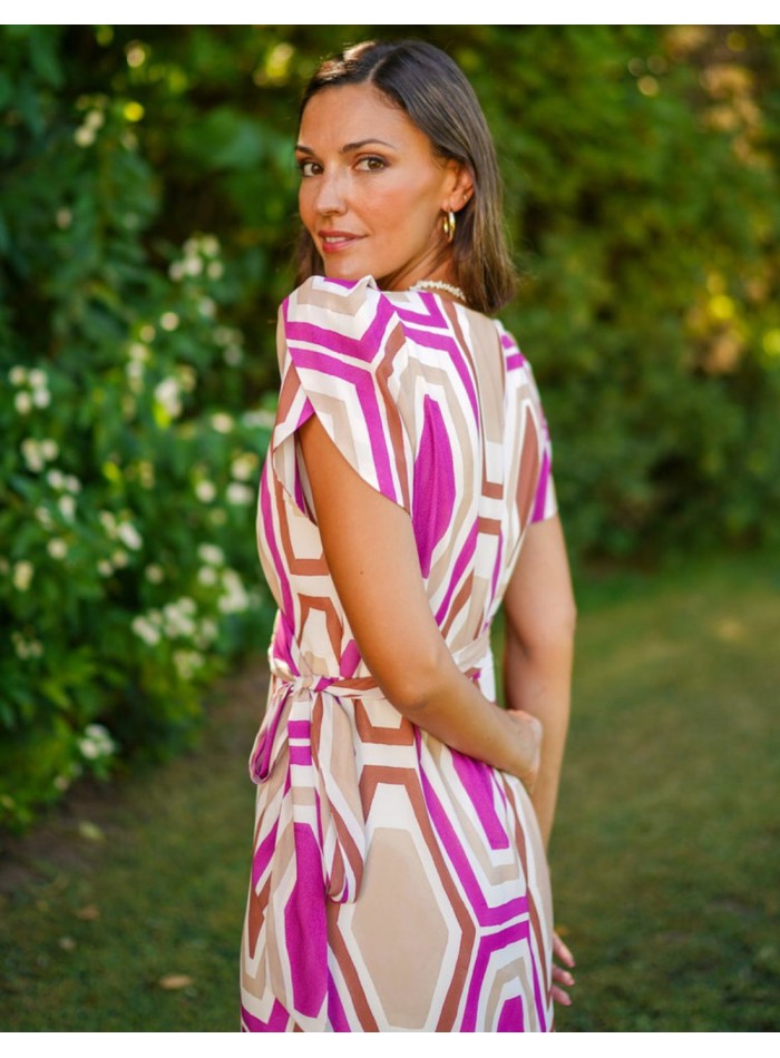 Short sleeved printed fabric midi guest dress