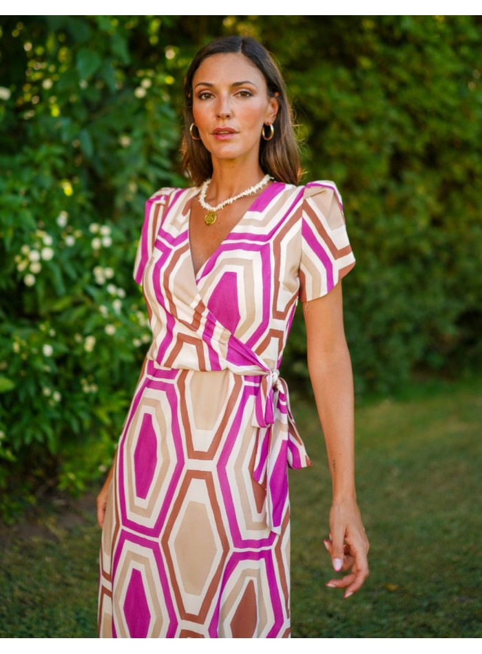 Vestido midi estampado con escote cruzado y manga corta invitada primavera