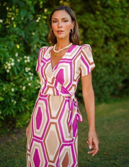 Vestido midi estampado con escote cruzado y manga corta invitada primavera