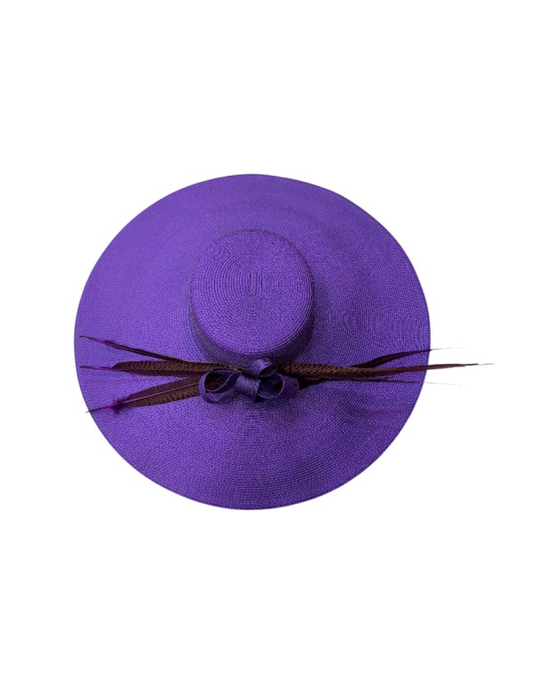 Purple guest pamela with bow and pheasant feathers 2