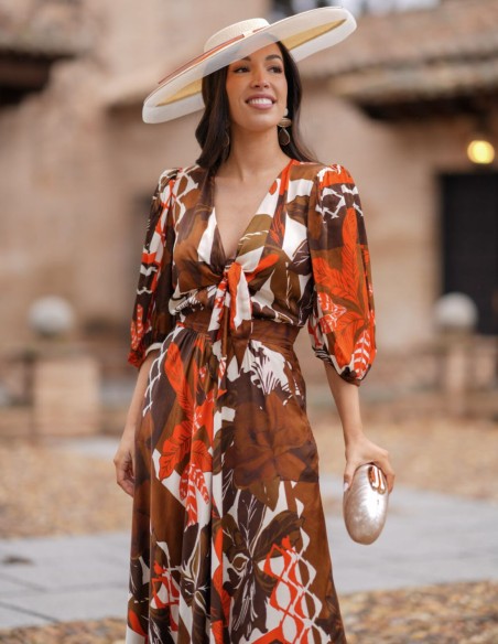 Shirt midi guest dress with printed fabric